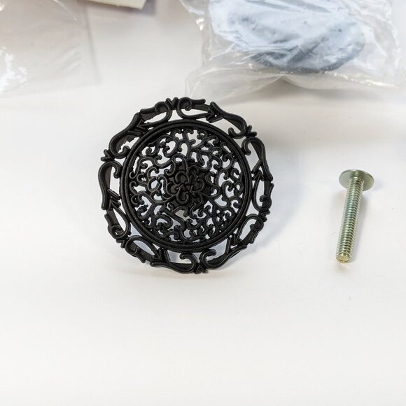 Lot of 4 Ornate Filigree Metal Cabinet Knobs Black drawer pulls round Japan NOS - Picture 2 of 6